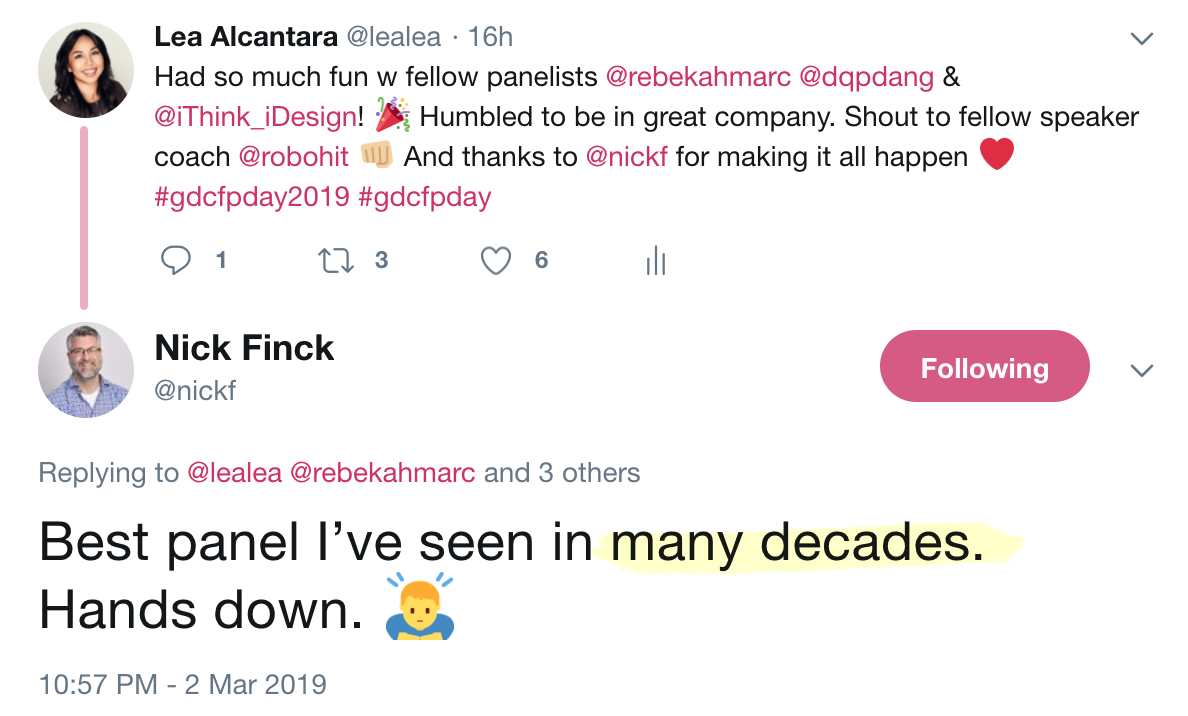 Tweet from Nick Finck about the panel I moderated